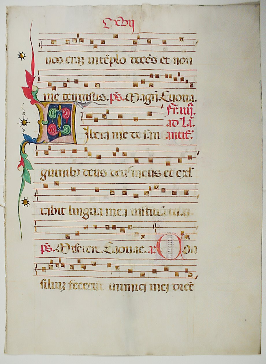带有首字母L的手稿叶子，来自意大利的Antiphonary，15世纪。 作者 不明