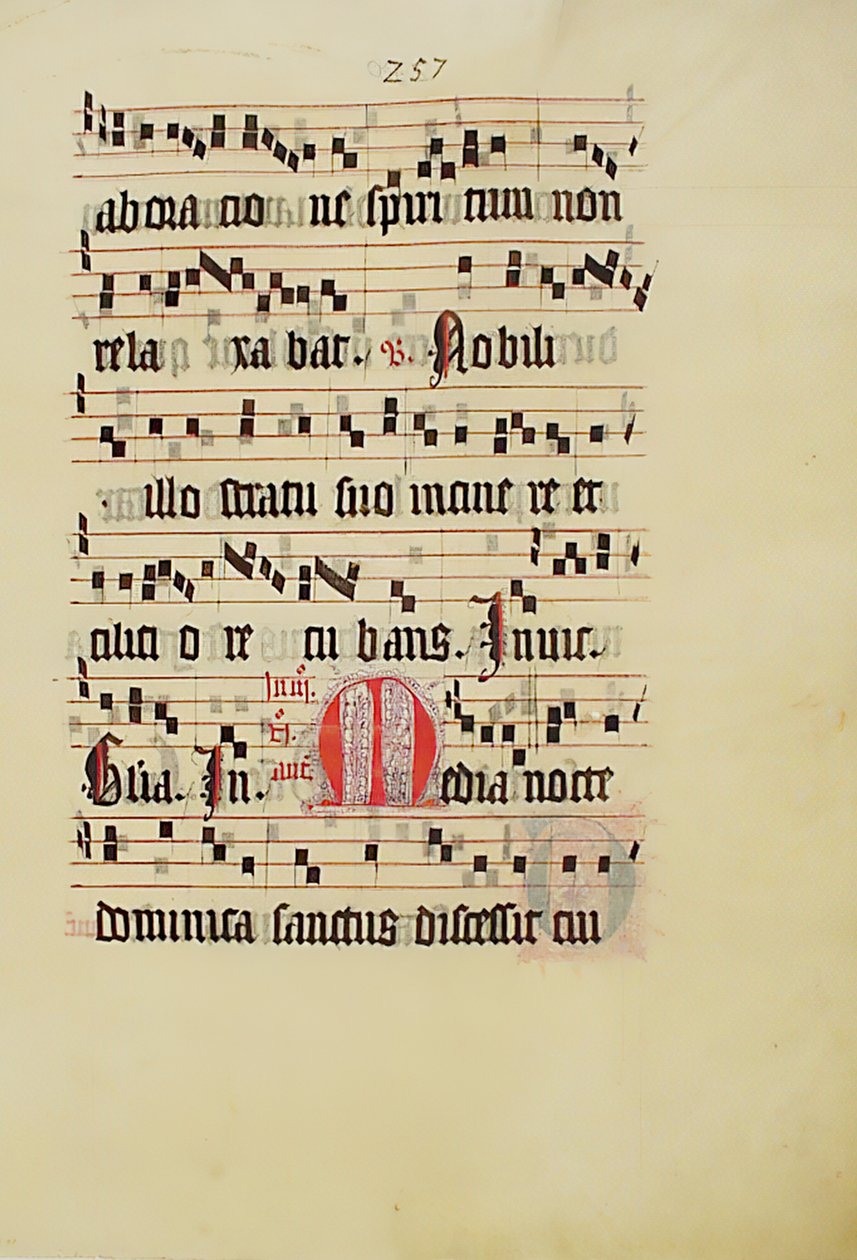 带有首字母M的手稿叶子，来自德国的Antiphonary，15世纪第二季度。 作者 不明
