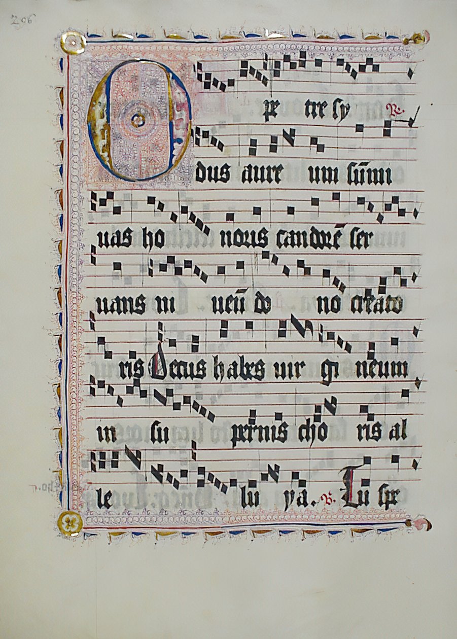 带有首字母O的手稿叶子，来自德国的Antiphonary，15世纪第二季度。 作者 不明
