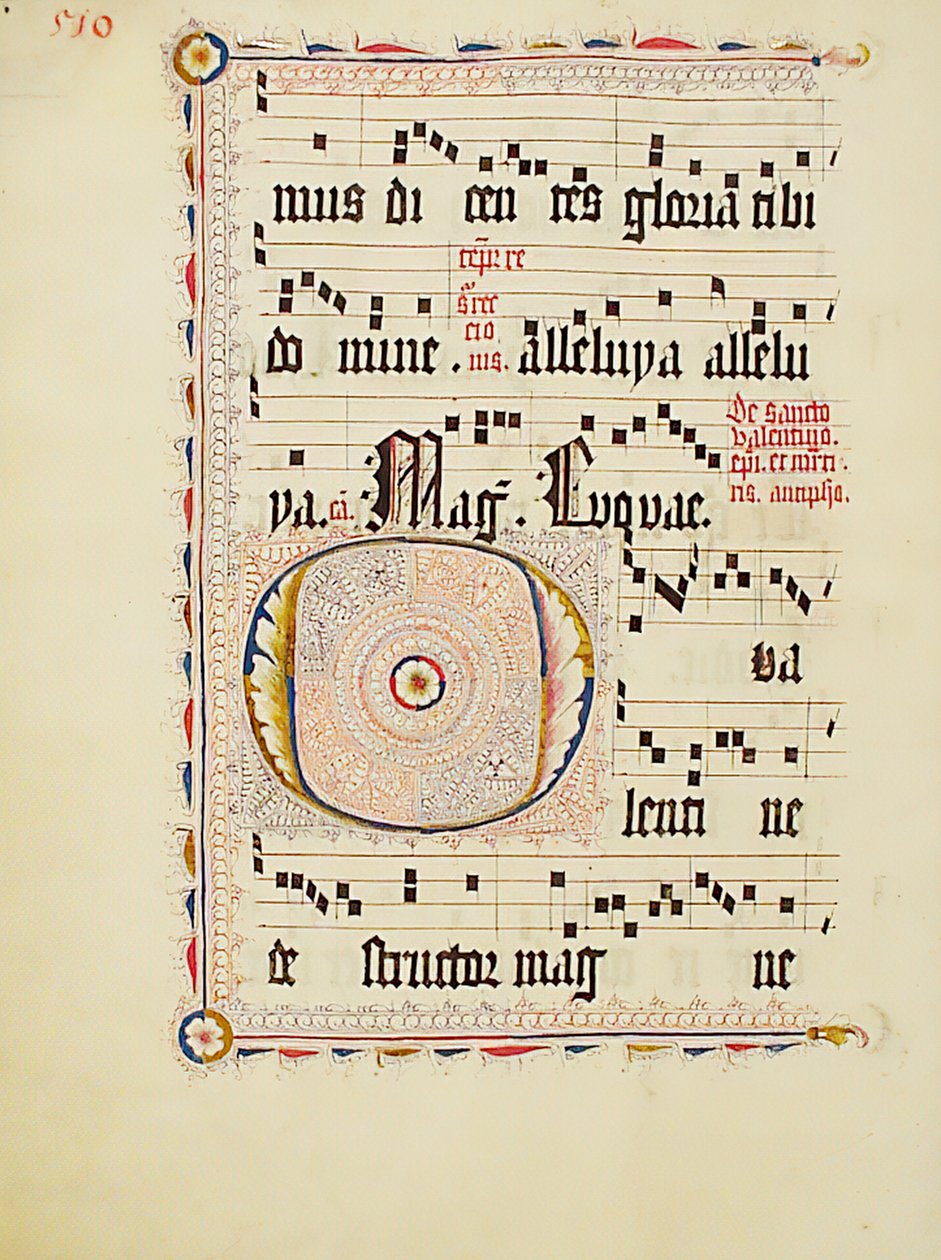 带有首字母O的手稿叶子，来自德国的Antiphonary，15世纪第二季度。 作者 不明