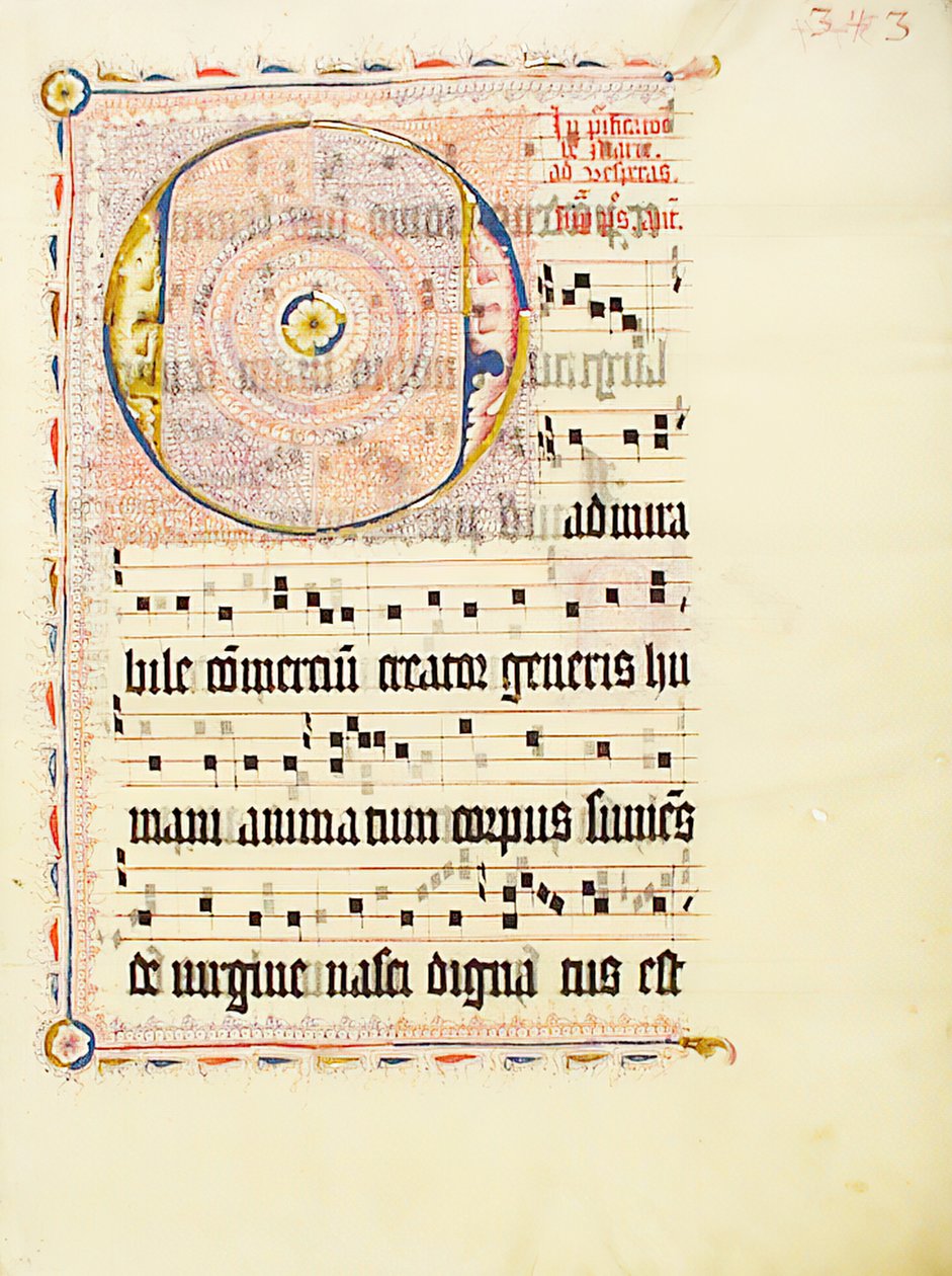带有首字母O的手稿叶子，来自德国的Antiphonary，15世纪第二季度。 作者 不明