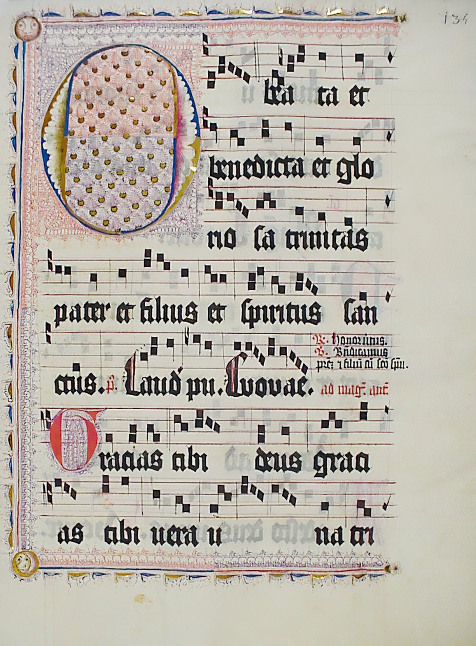 带有首字母O的手稿叶子，来自德国的Antiphonary，15世纪第二季度。 作者 不明