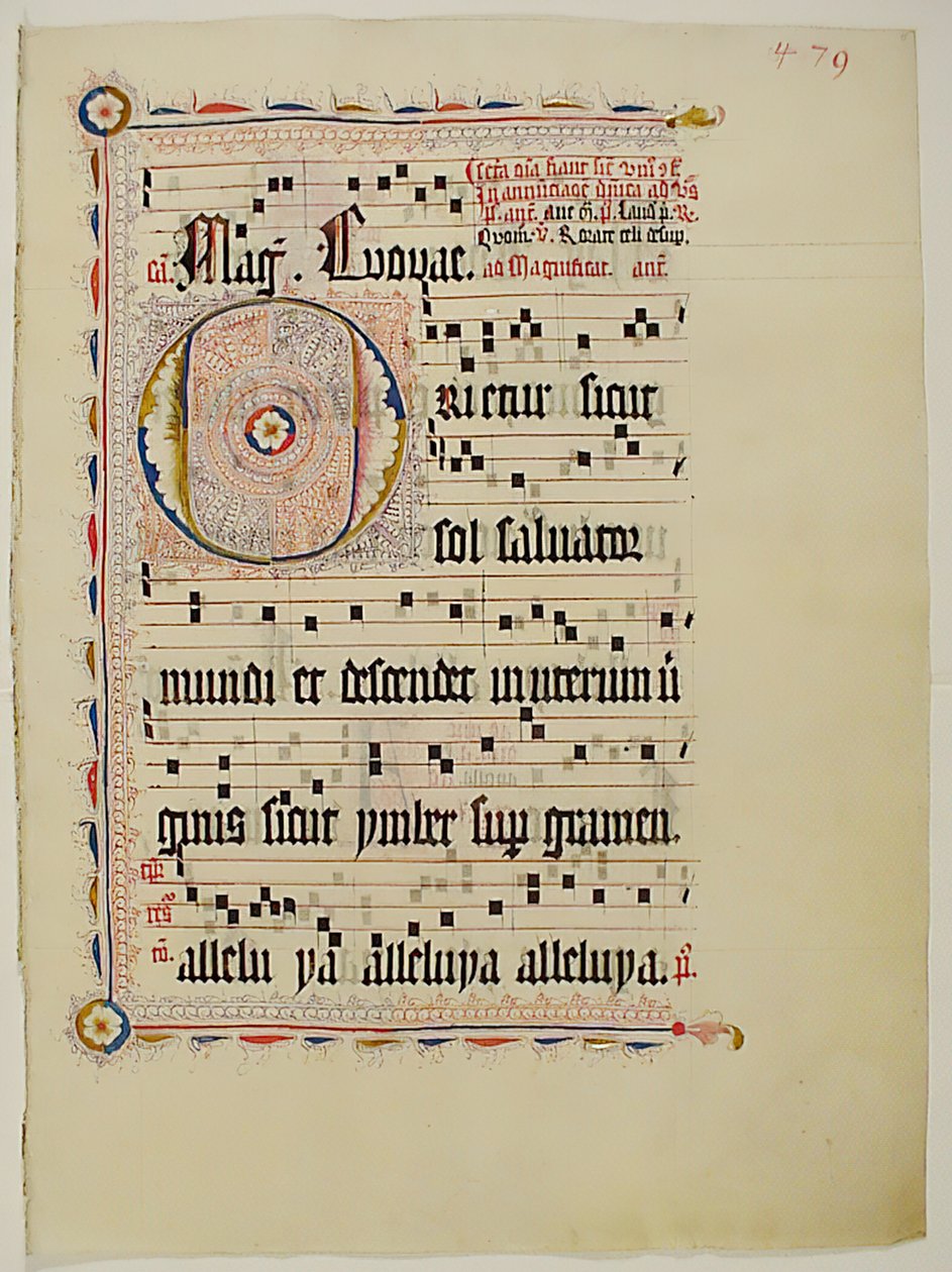 带有首字母O的手稿叶子，来自德国的Antiphonary，15世纪第二季度。 作者 不明
