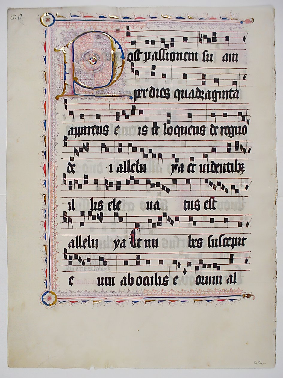 带有首字母P的手稿叶子，来自德国的Antiphonary，15世纪第二季度。 作者 不明
