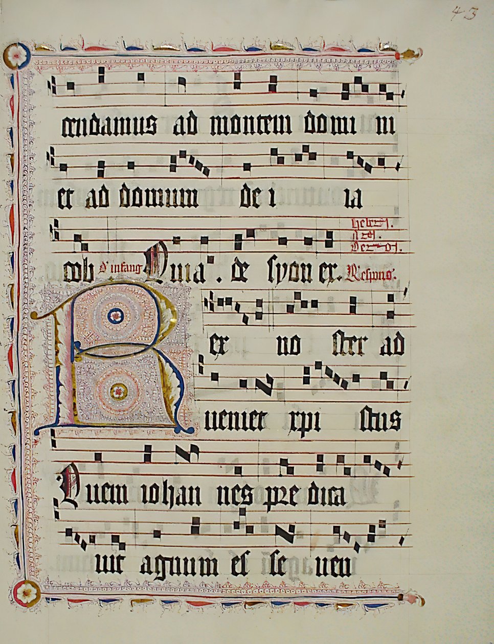 带有首字母R的手稿叶子，来自德国的Antiphonary，15世纪第二季度。 作者 不明