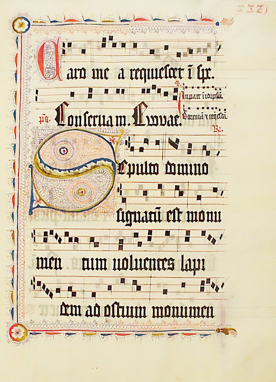 带有首字母S的手稿叶子，来自德国的Antiphonary，15世纪第二季度。 作者 不明