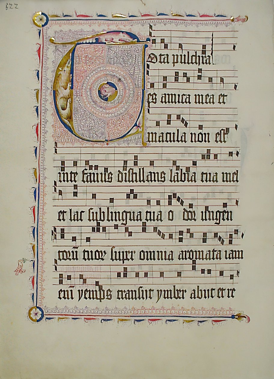 带有首字母T的手稿叶子，来自德国的Antiphonary，15世纪第二季度。 作者 不明