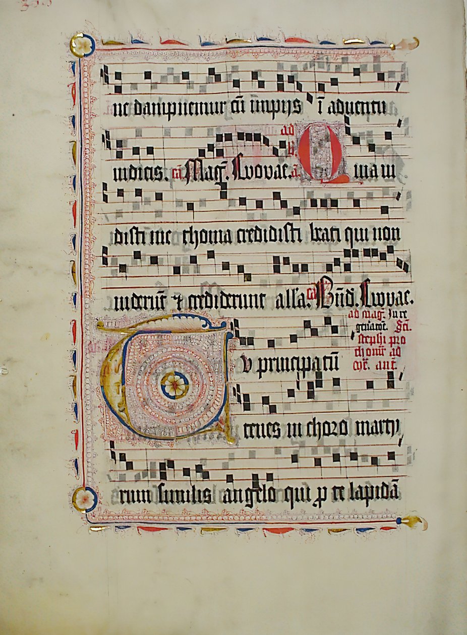 带有首字母T的手稿叶子，来自德国的Antiphonary，15世纪第二季度。 作者 不明