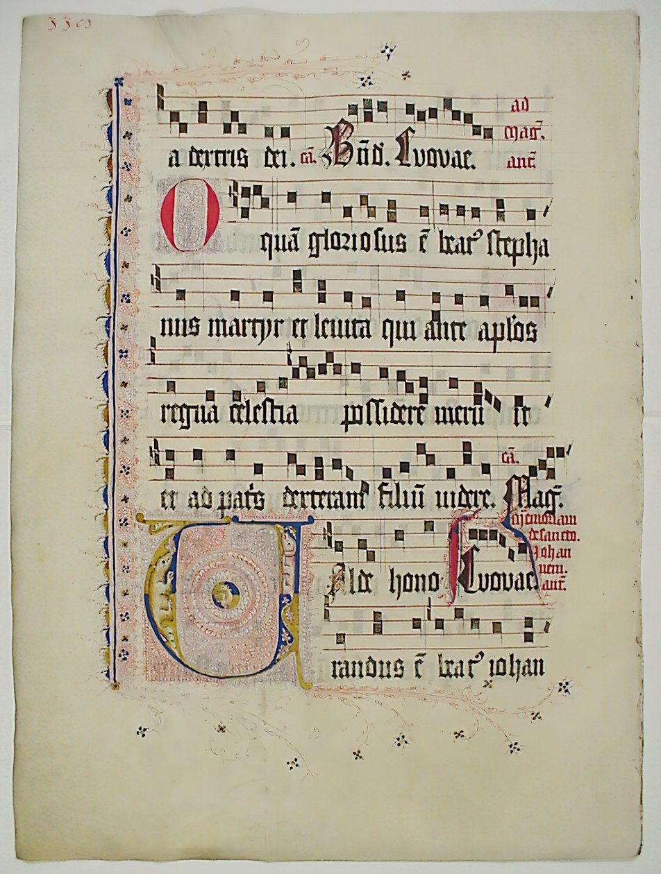 带有首字母V的手稿叶子，来自德国的Antiphonary，15世纪第二季度。 作者 不明