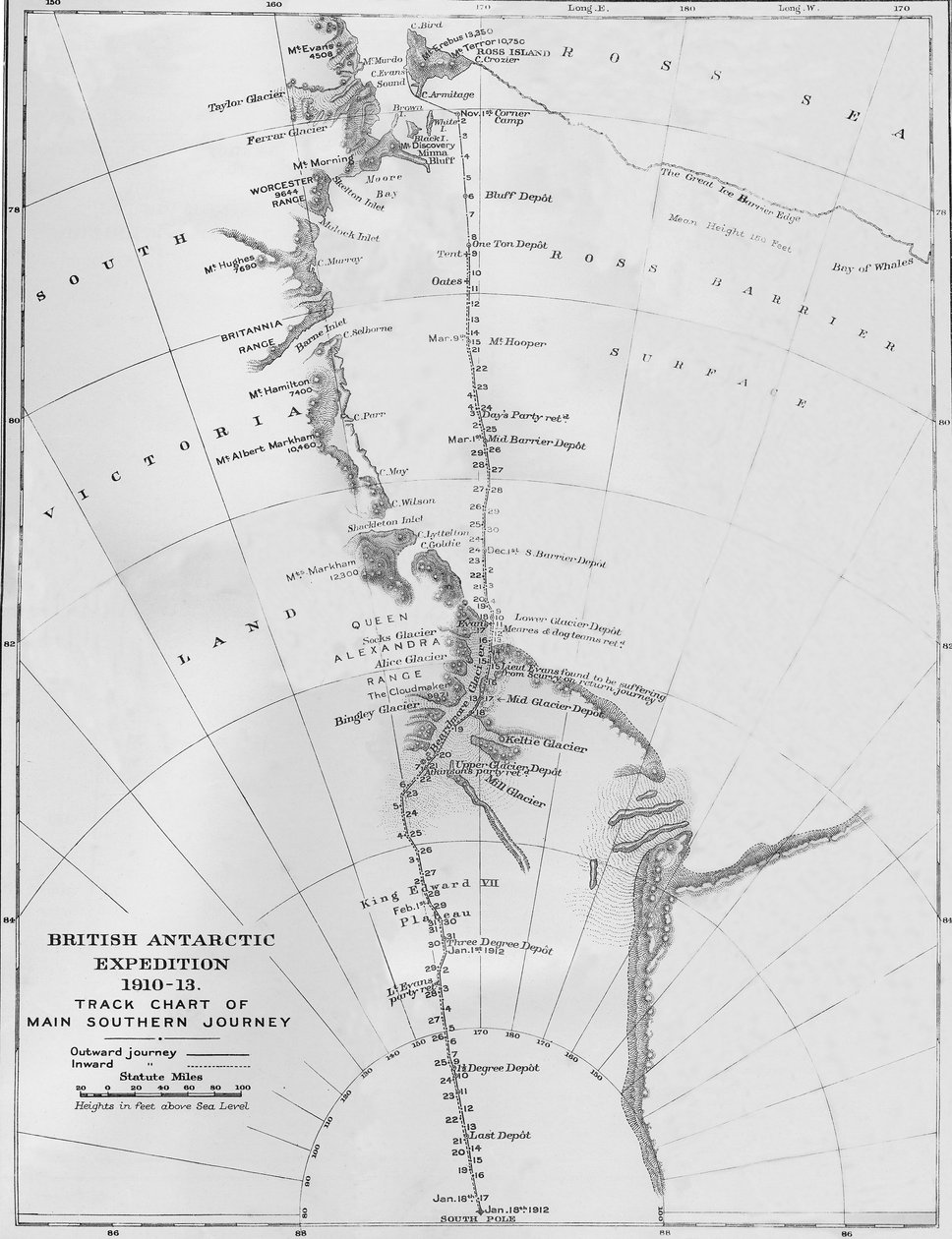 地图-英国南极探险队1910-13。 1913年《南方主要旅程》航迹图 作者 不明