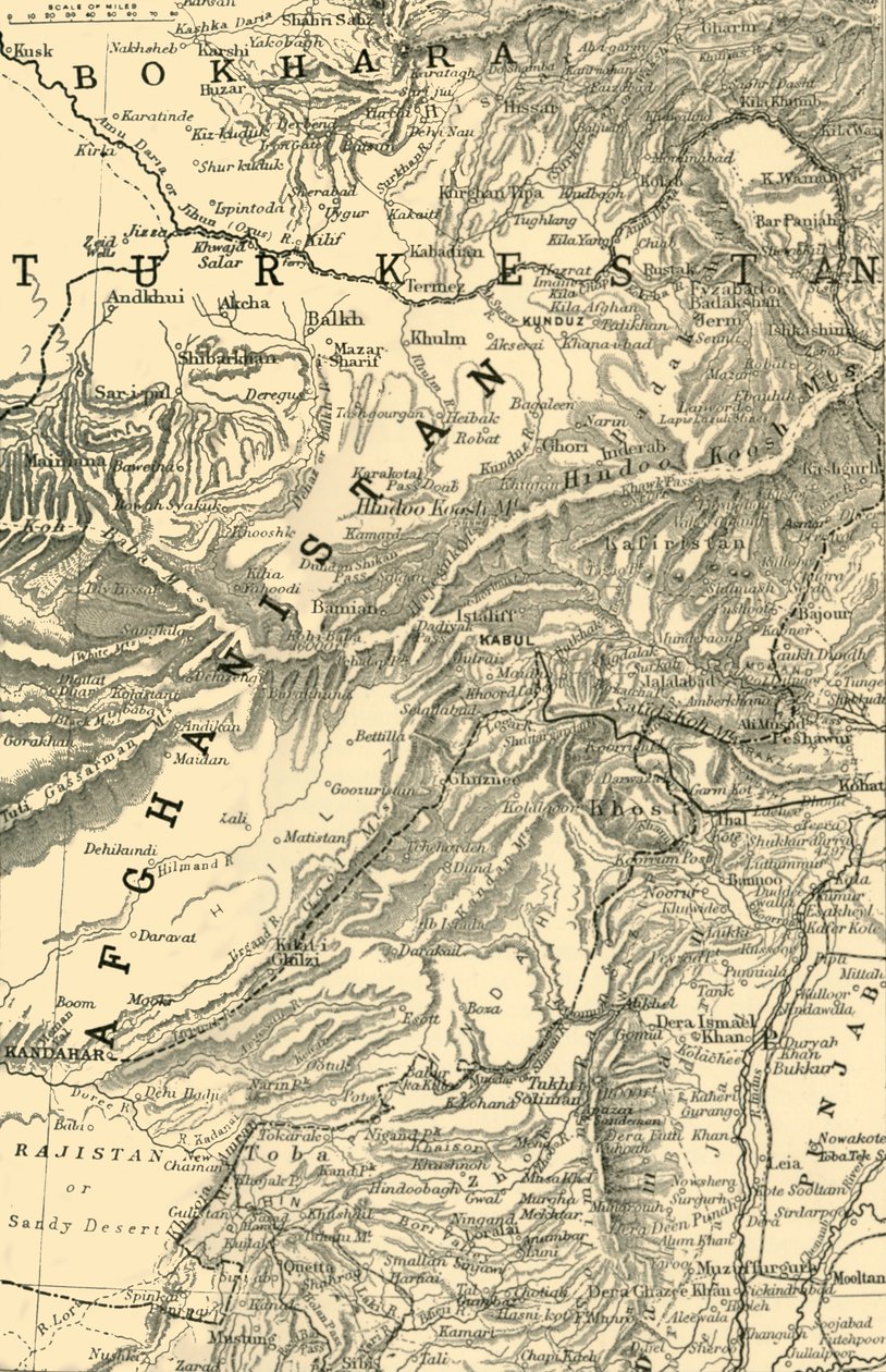 地图指示罗伯茨将军到喀布尔的路线...以及1901年的英俄边界。 作者 不明