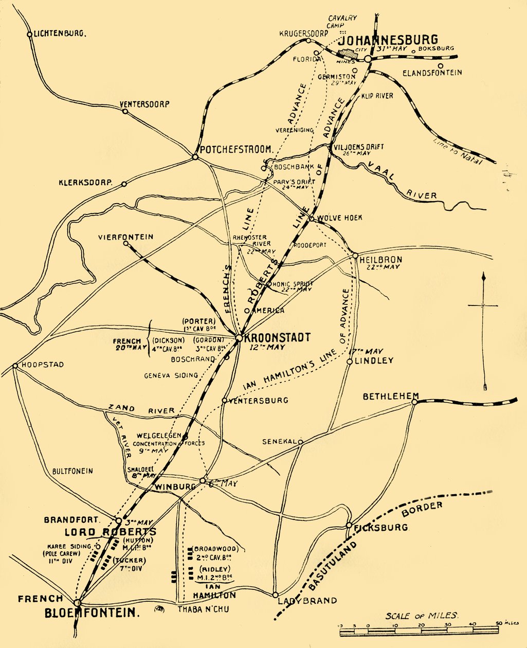 显示从布隆方丹到比勒陀利亚的前进路线的地图，1901年。 作者 不明