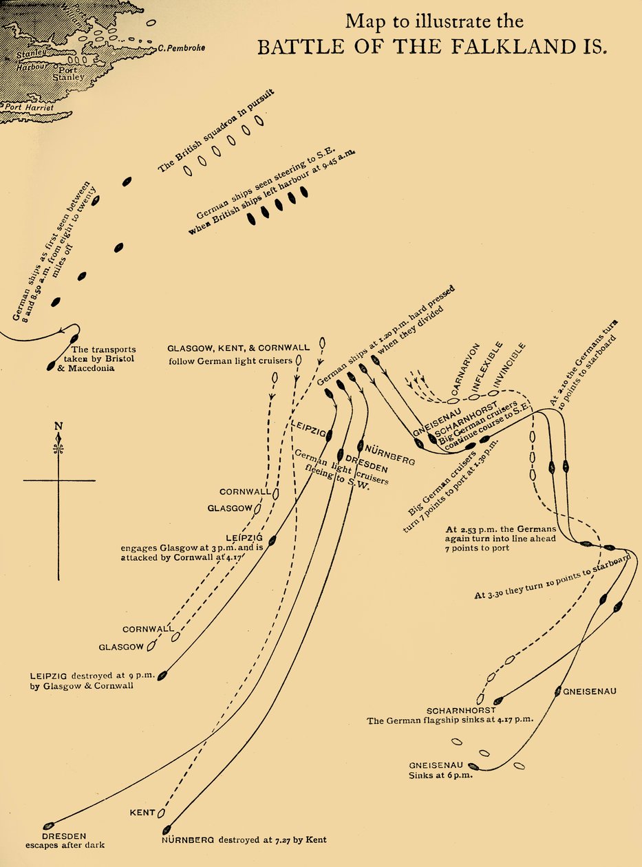 1914年c1920年的福克兰群岛战役地图。 作者 不明