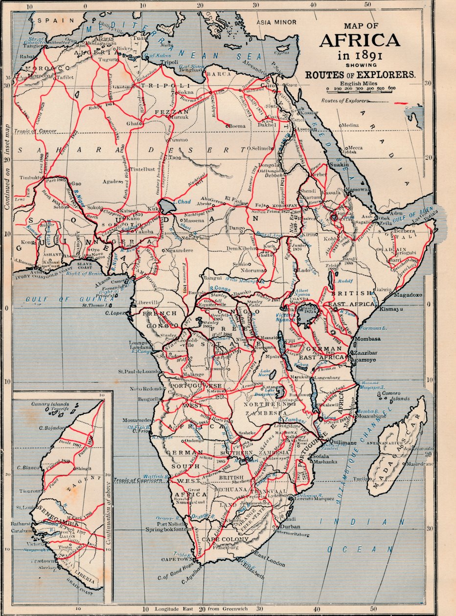 1891年的非洲地图，显示探险者的路线 作者 不明