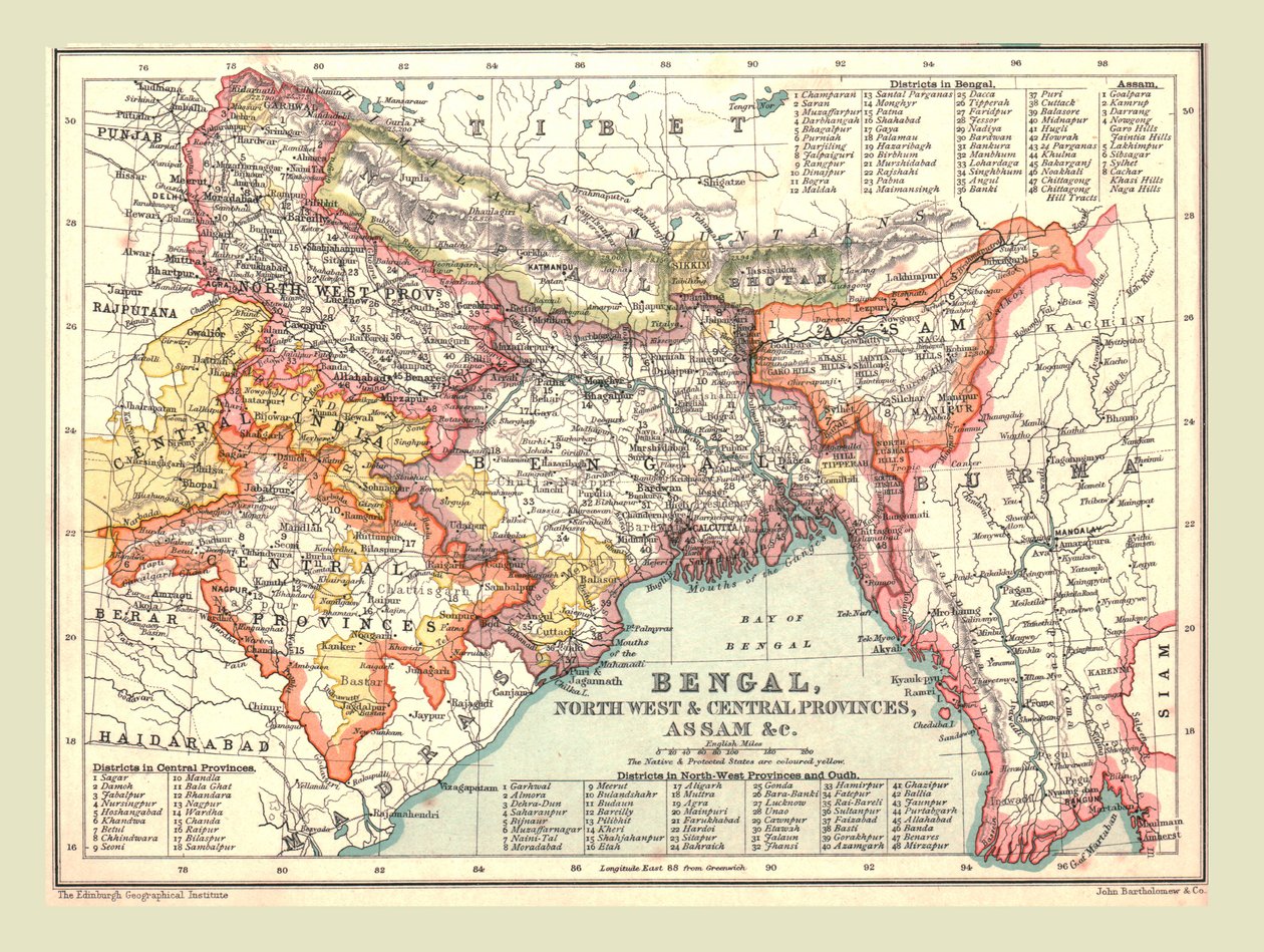 孟加拉，西北和中部各省以及阿萨姆邦的地图，1902年。 作者 不明