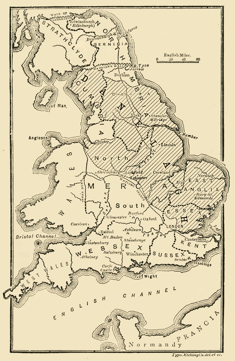 英格兰地图，显示盎格鲁-撒克逊王国和丹麦地区，c9世纪，189年 作者 不明