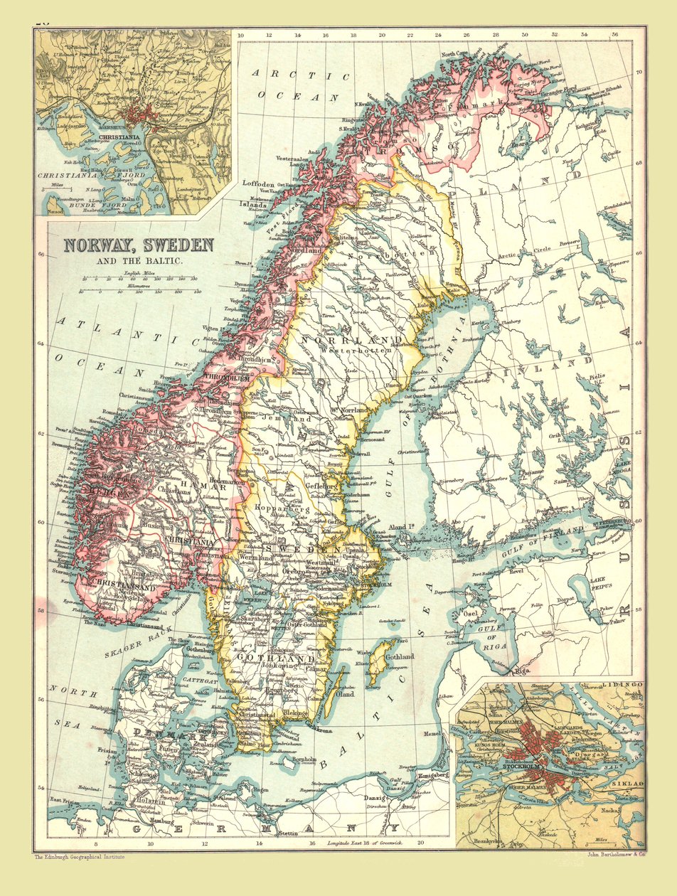 挪威和瑞典地图，1902年。 作者 不明