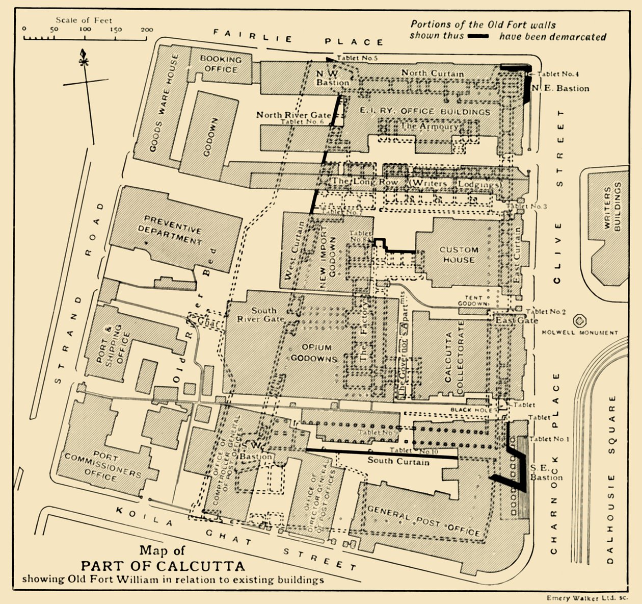 加尔各答部分地图，显示威廉堡与现有建筑物的关系，摄于1925年。 作者 不明