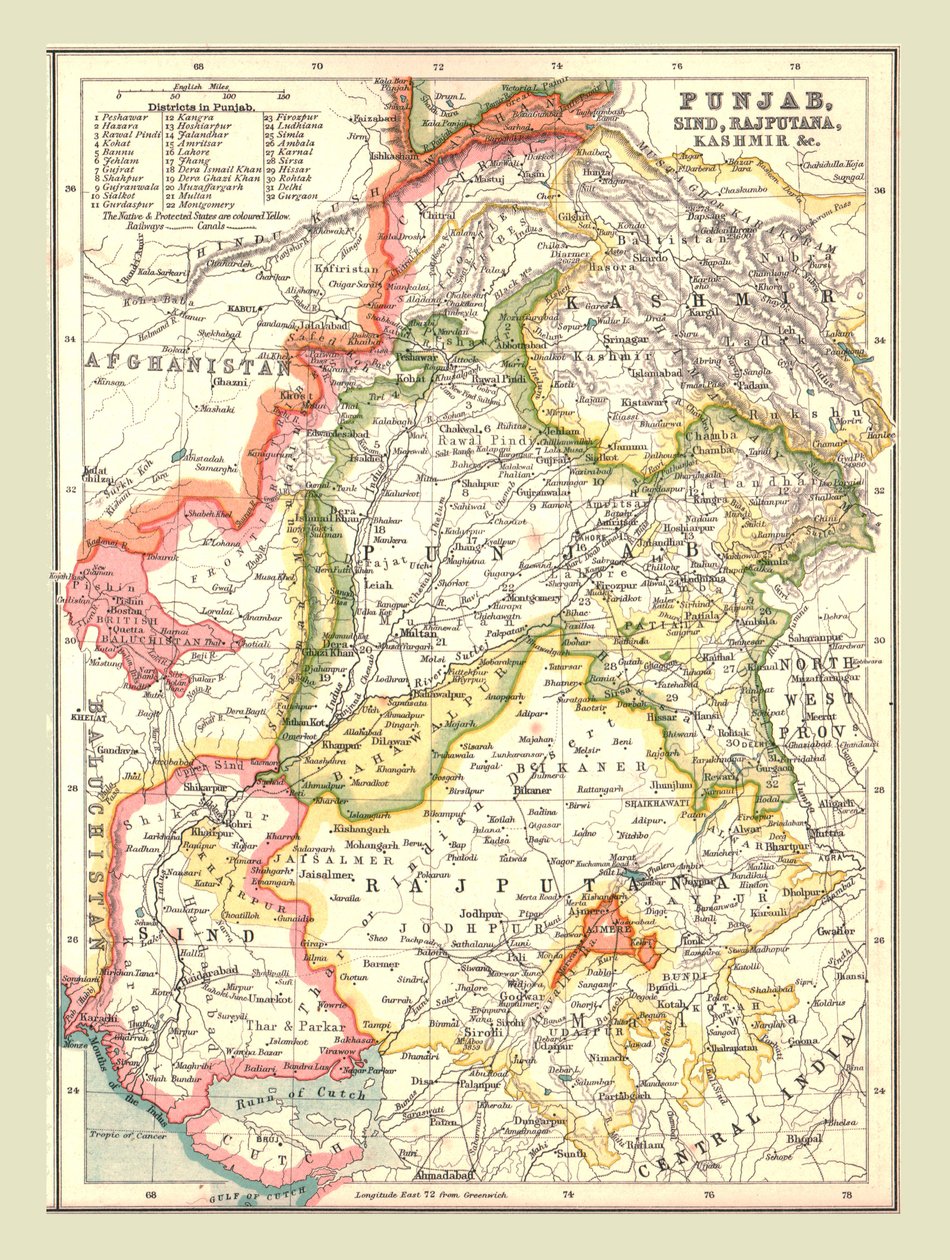 旁遮普邦，辛德，拉杰普塔纳和克什米尔地图，1902年。 作者 不明