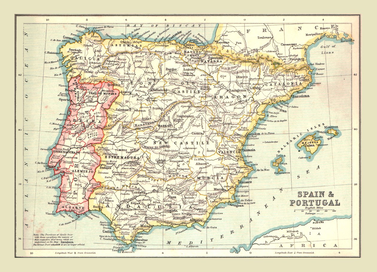 西班牙和葡萄牙地图，1902年。 作者 不明