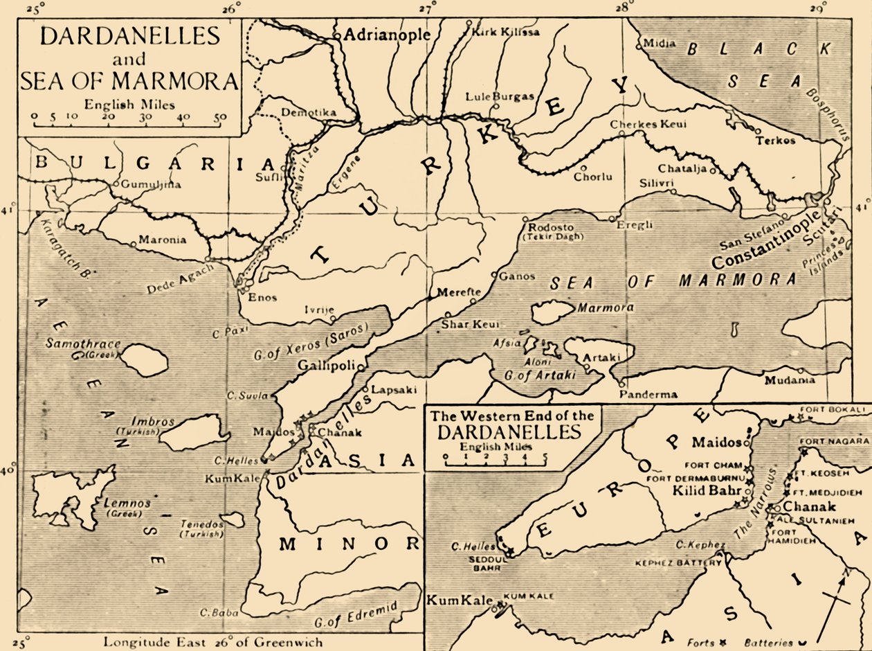 达达尼尔海峡和马尔马拉海地图，约1914年，1920年。 作者 不明