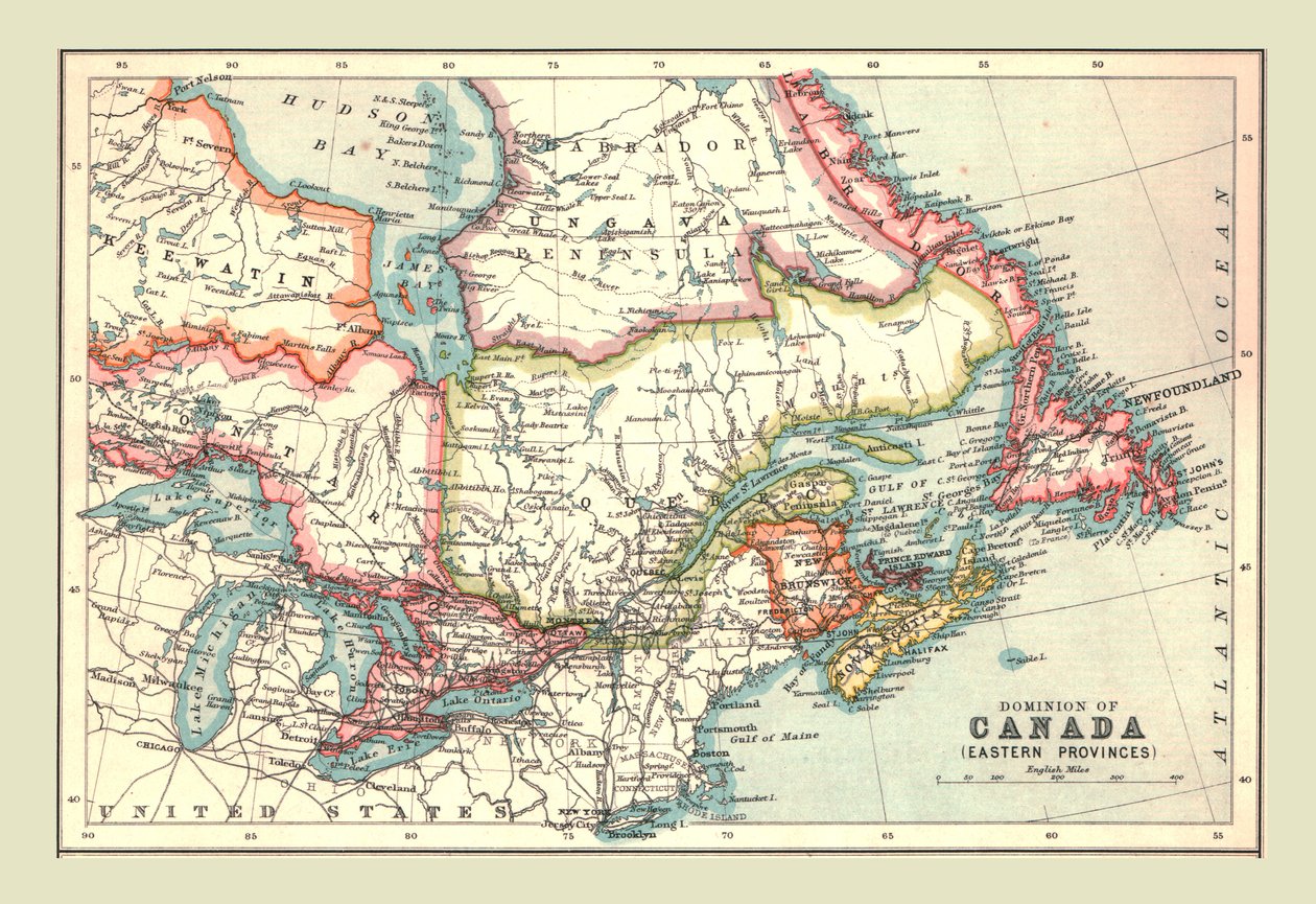 1902年，加拿大东部省的加拿大自治领地图。 作者 不明