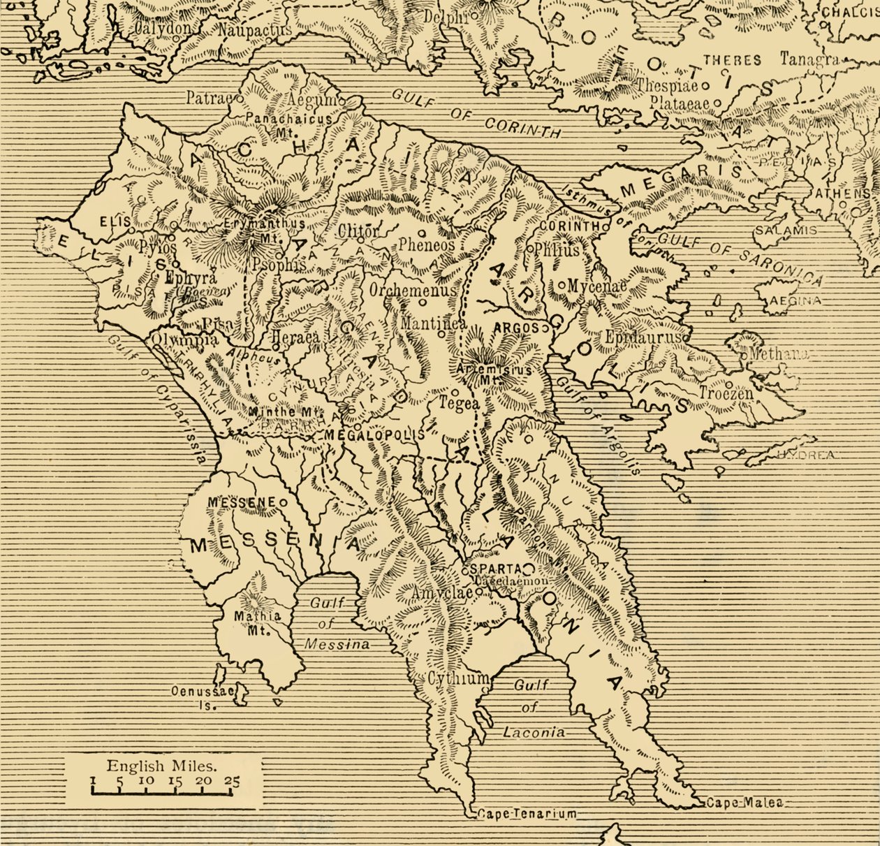 伯罗奔尼撒地图，1890年。 作者 不明