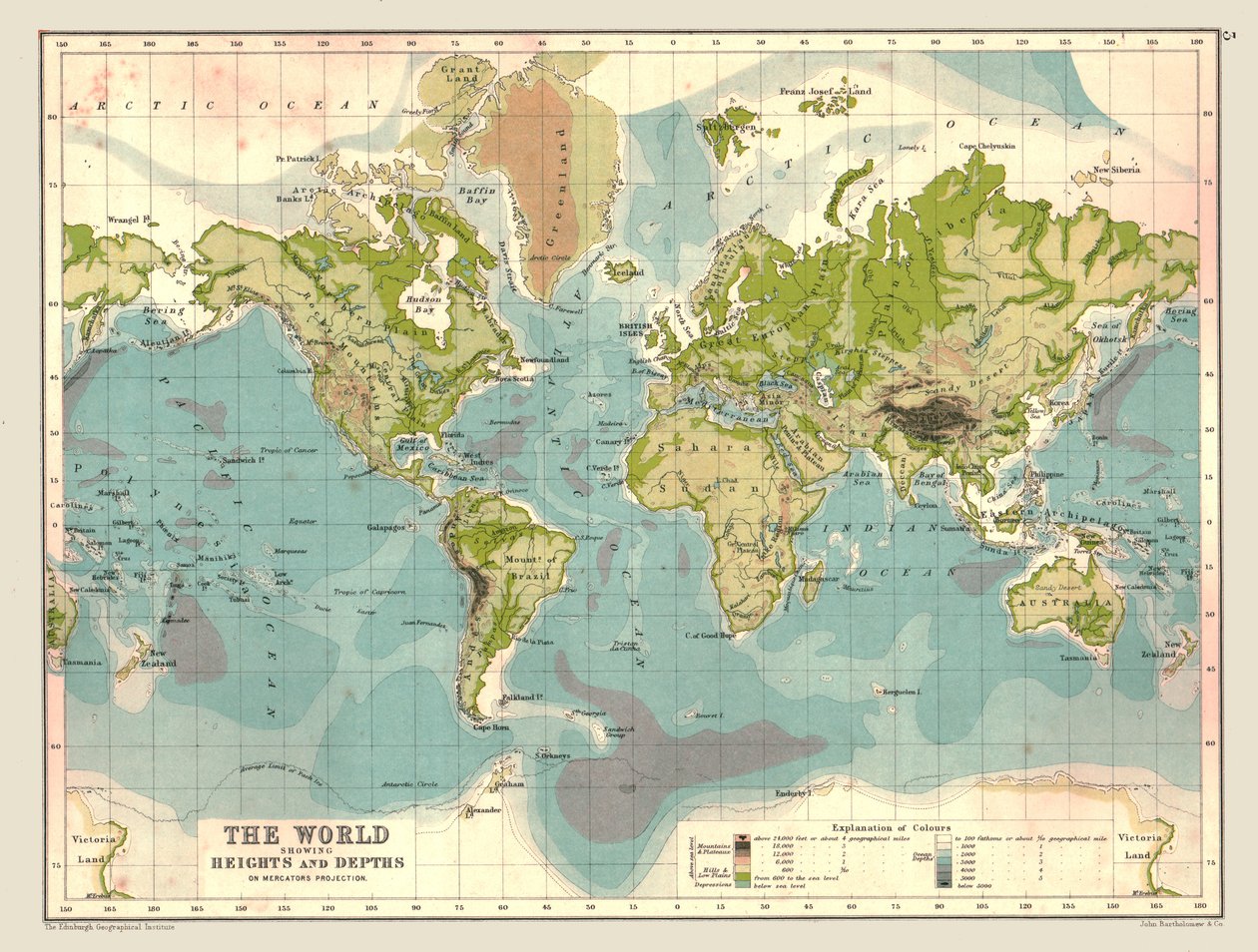 显示高度和深度的世界地图，1902年。 作者 不明