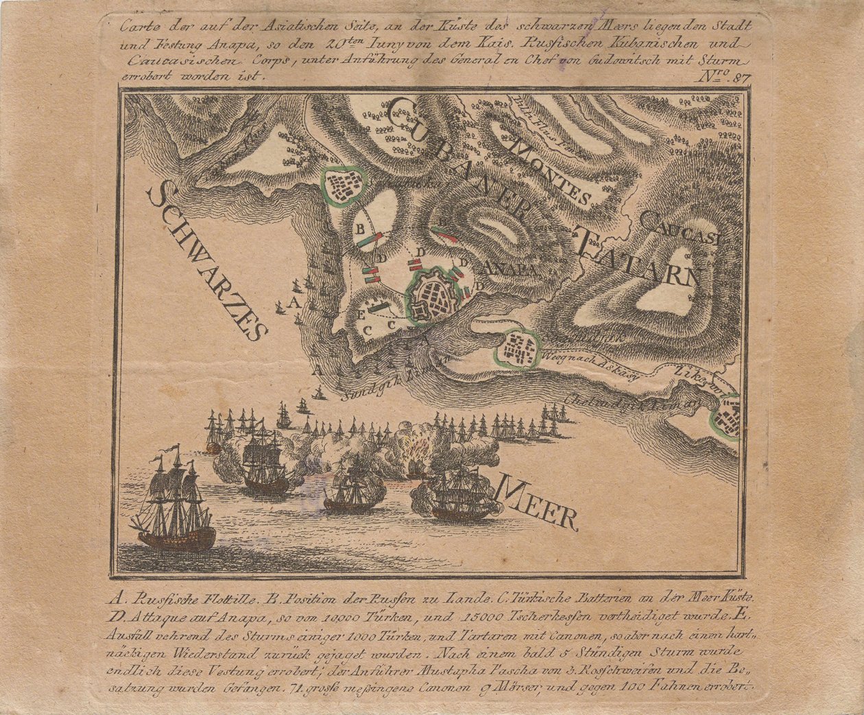 1791年6月俄罗斯军队在黑海攻占海上要塞阿纳帕的地图，1791年。 作者 不明