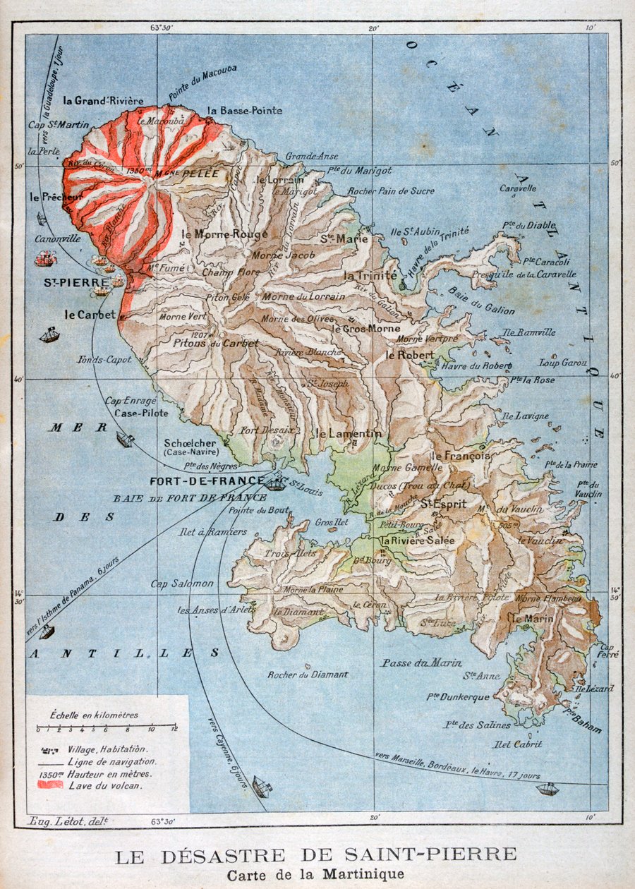 该地图显示了1902年马提尼克岛Pelee火山的喷发 作者 不明