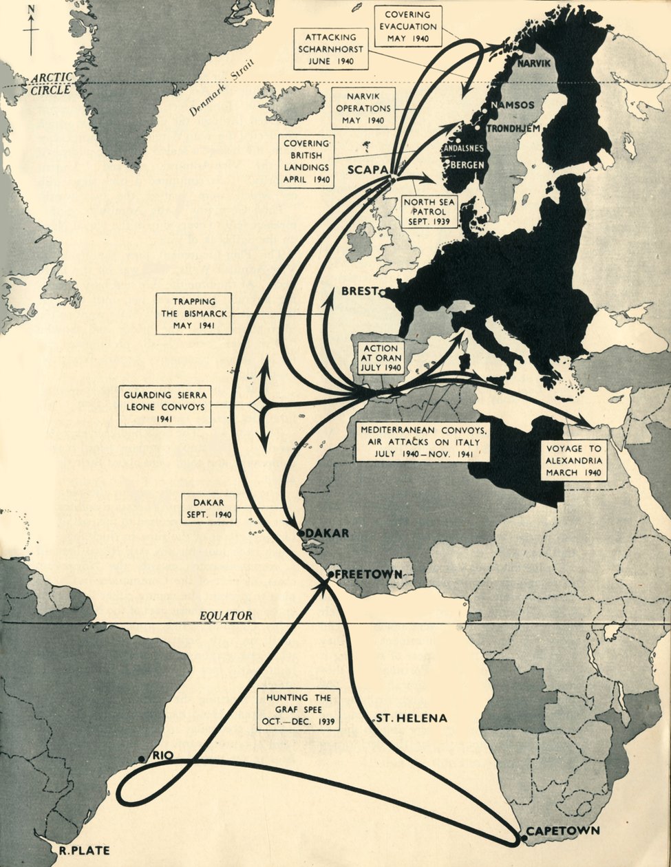 地图显示的是HMS Ark Royal的动向，1939-1941，1942年。 作者 不明