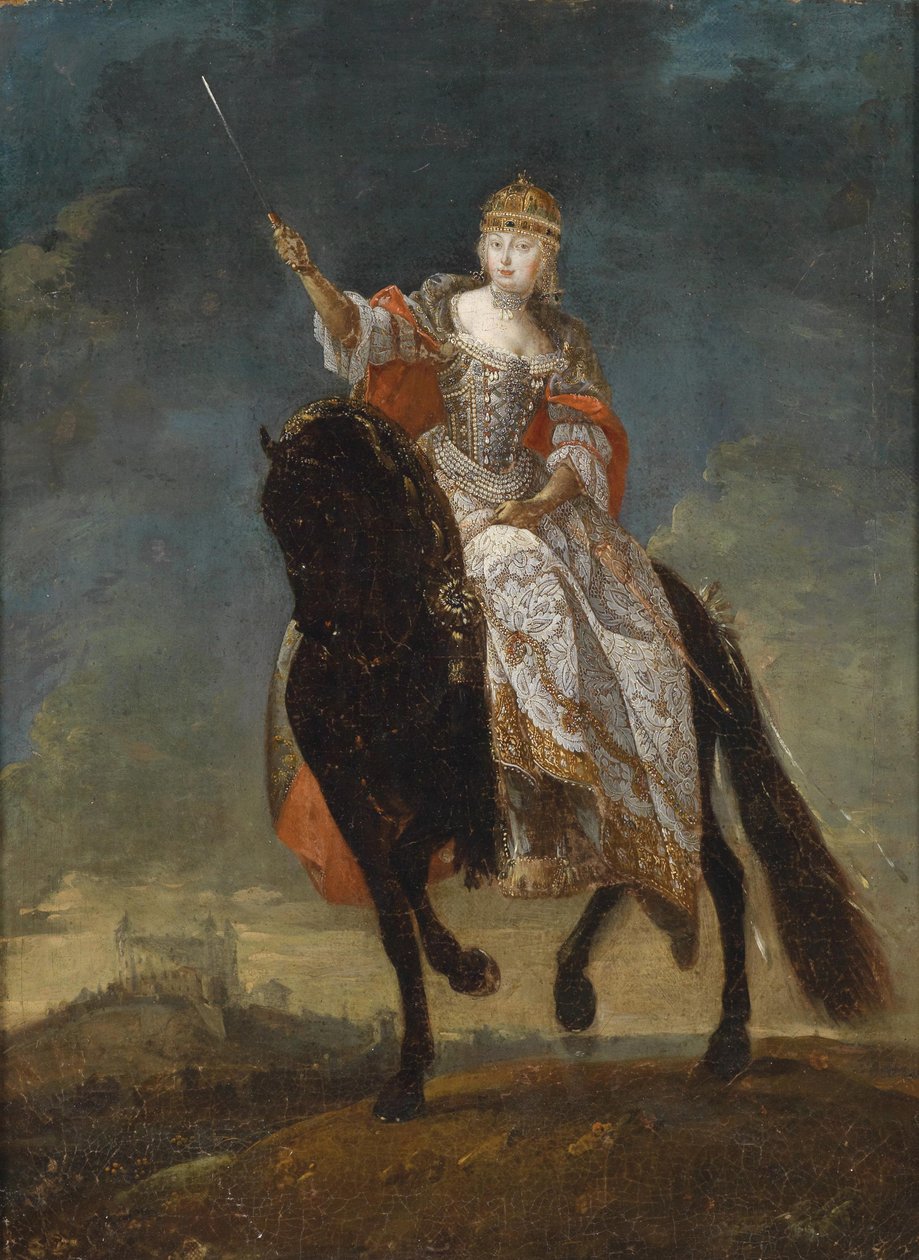 玛丽亚·特蕾西亚（Maria Theresia）作为匈牙利女王，在18世纪中叶的普斯伯格（Pressburg）加冕山上。 作者 不明