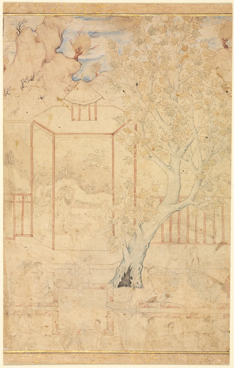 花园亭中的主人和门徒，单页插图，c。 1570-1590年代。 作者 不明
