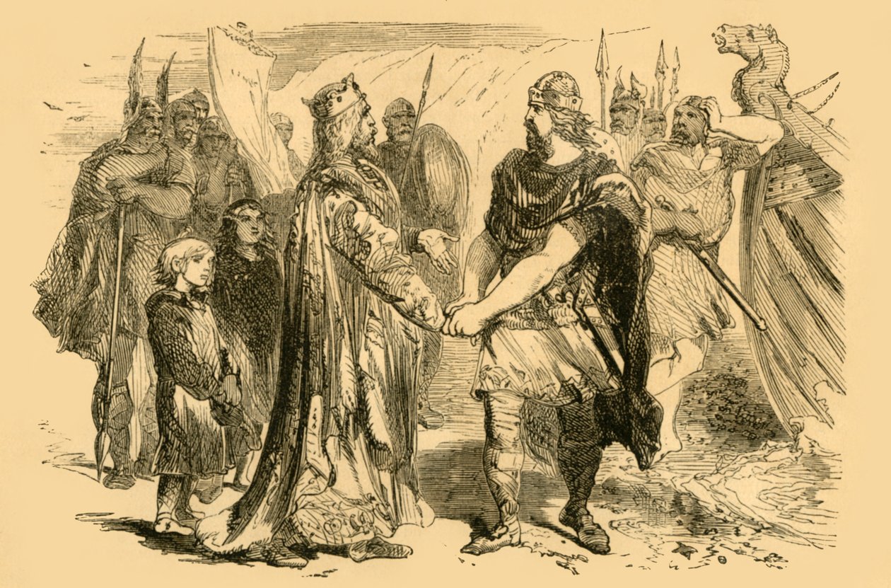 埃德蒙·艾恩塞德（Edmund Ironside）和坎特特（Canute）的会晤在塞内（Severn）的阿尔尼岛（Island of Alney）上举行，大约于1890年。 作者 不明