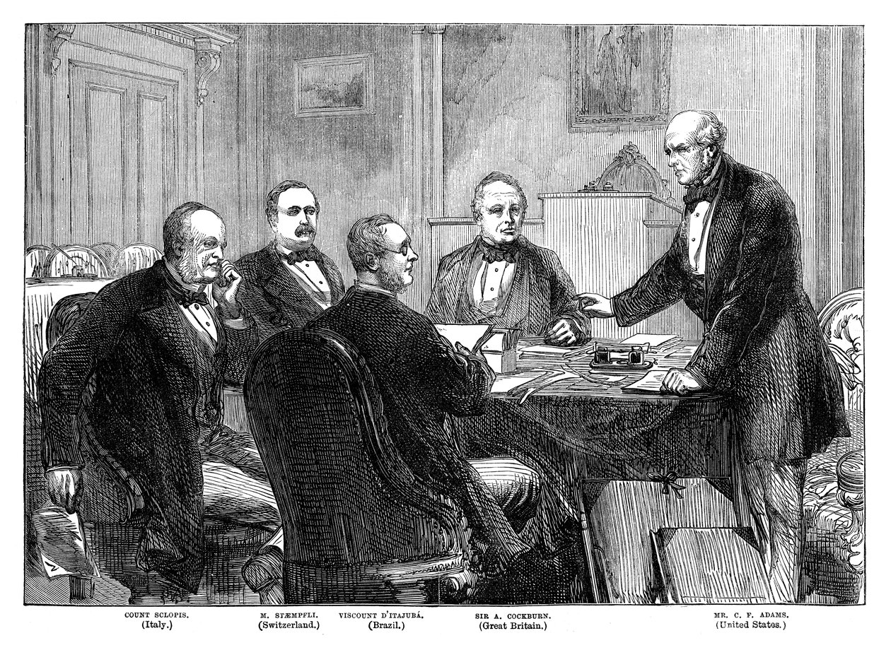 十九世纪末叶，1871年在日内瓦举行的阿拉巴马州仲裁员会议 作者 不明