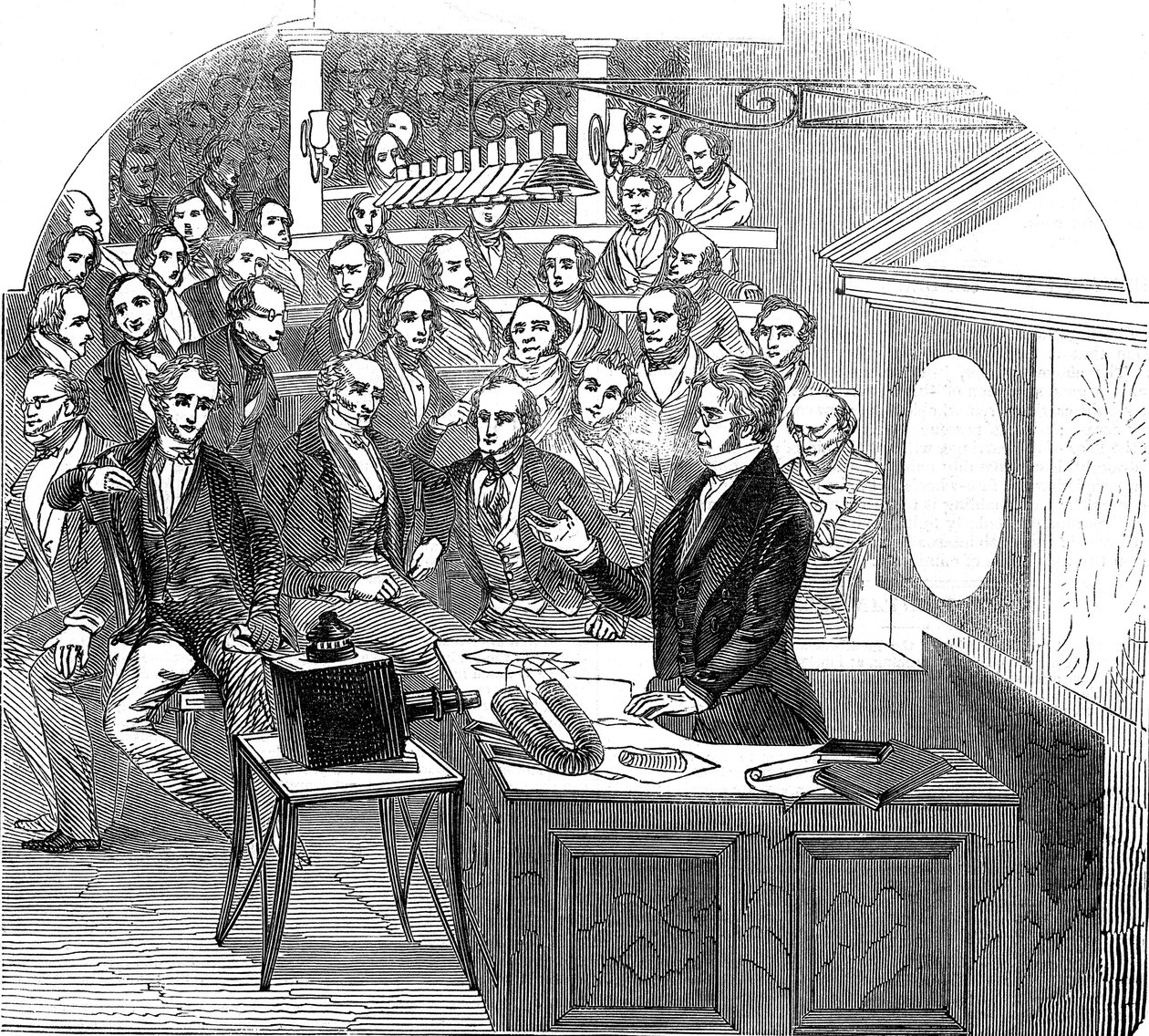 迈克尔·法拉第（Michael Faraday）讲授电磁学，皇家学会，伦敦，1846年 作者 不明