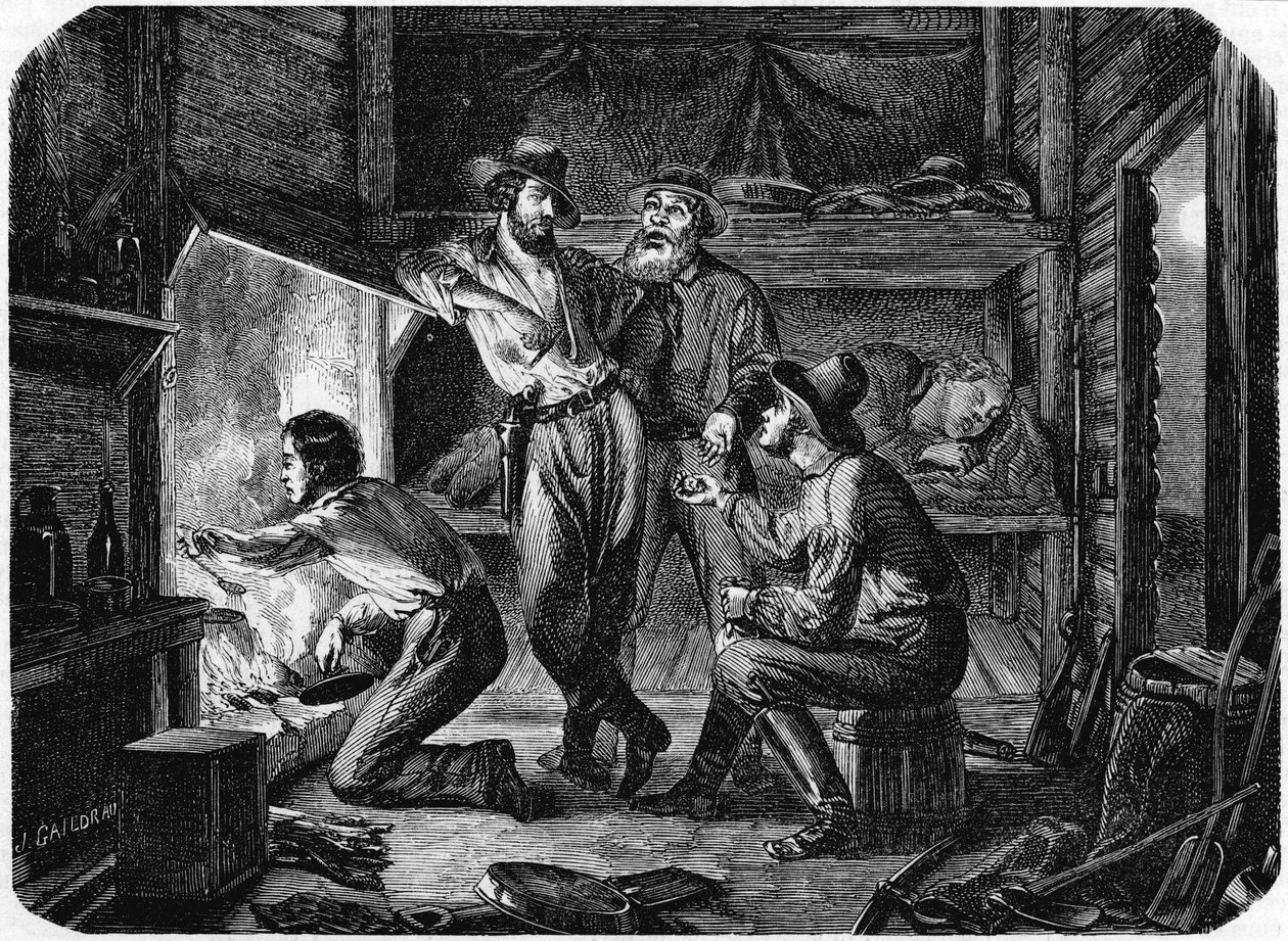 1853年晚上，加利福尼亚金矿中的矿工在小木屋中放松身心 作者 不明