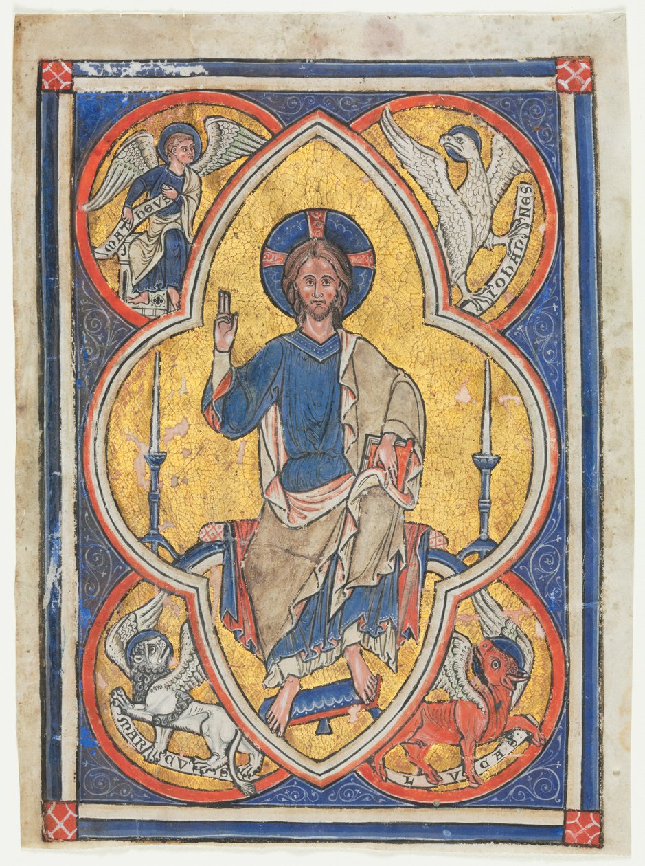 诗篇摘录的缩影：Christ下的基督，带有四位福音传教士的象征，c。 1235。 作者 不明