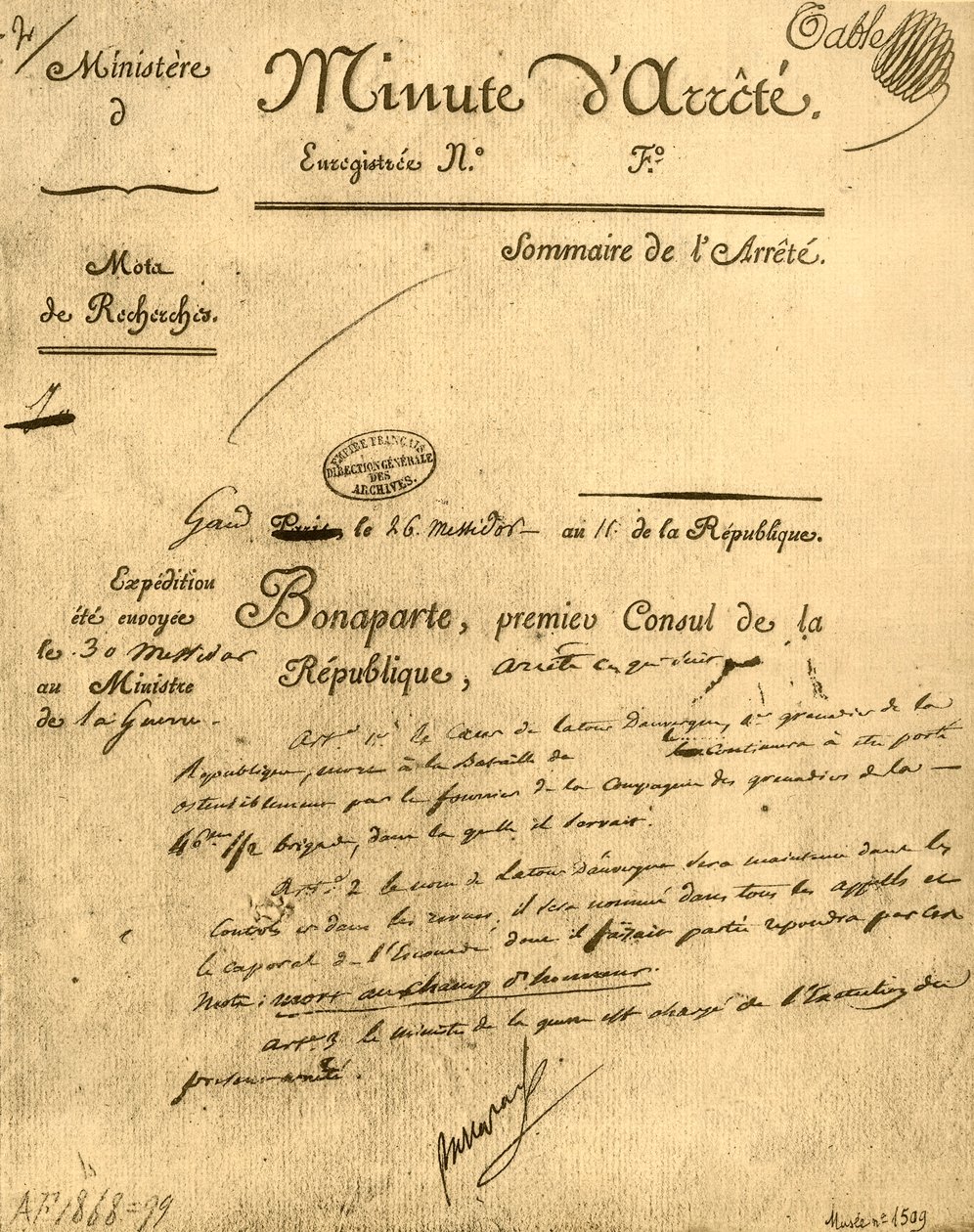 1921年1803年7月15日关于La Tour dAuvergne的部长命令。 作者 不明