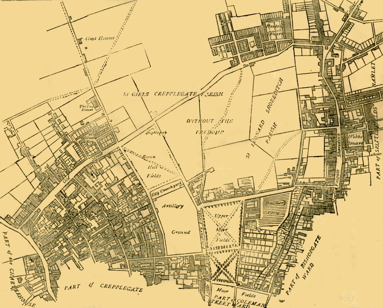 穆尔菲尔德斯及其邻里从约1720年的地图绘制，c1872年。 作者 不明