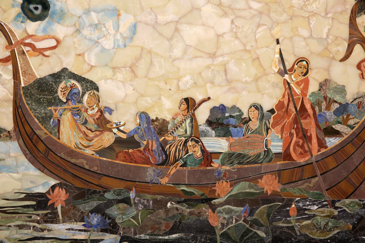Mosaic depicting Hindu god Krishna with gopis in a boat . India 作者 不明