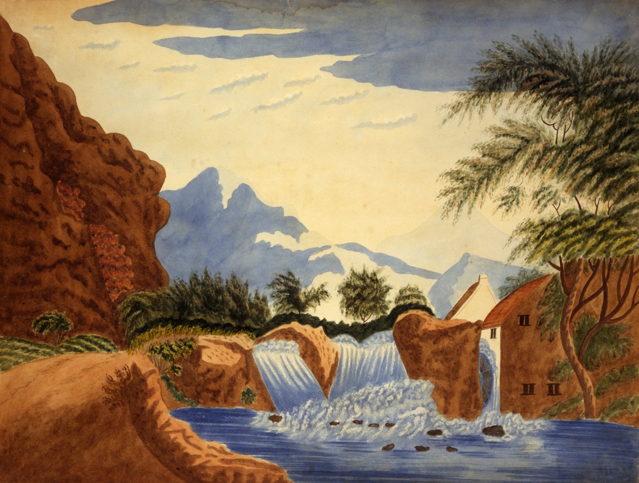 山景和水车，约1820-1870年。 作者 不明