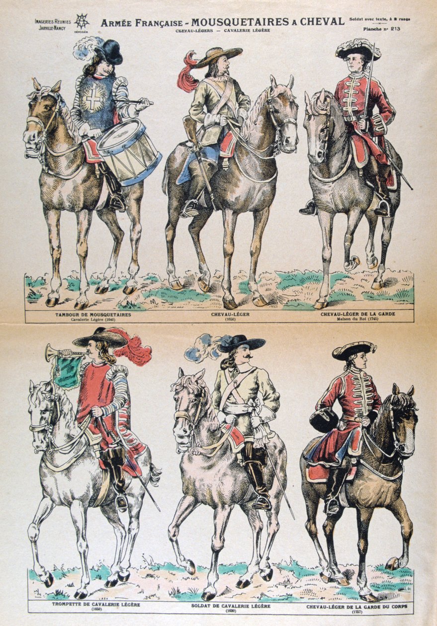 Mousquetaires是17世纪的骑士。法国陆军制服。彩色石版画。私人收藏 作者 不明