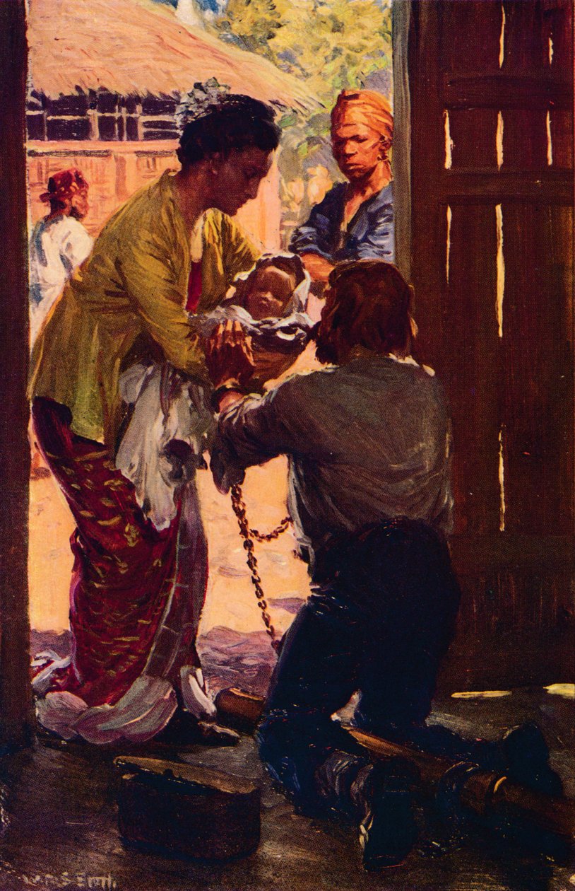 贾德森太太将孩子带到被锁链的丈夫身边，c1912 作者 不明