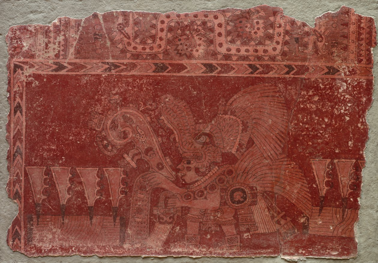 壁画片段，具雄性和仙人掌仙人掌叶，500-550。 作者 不明