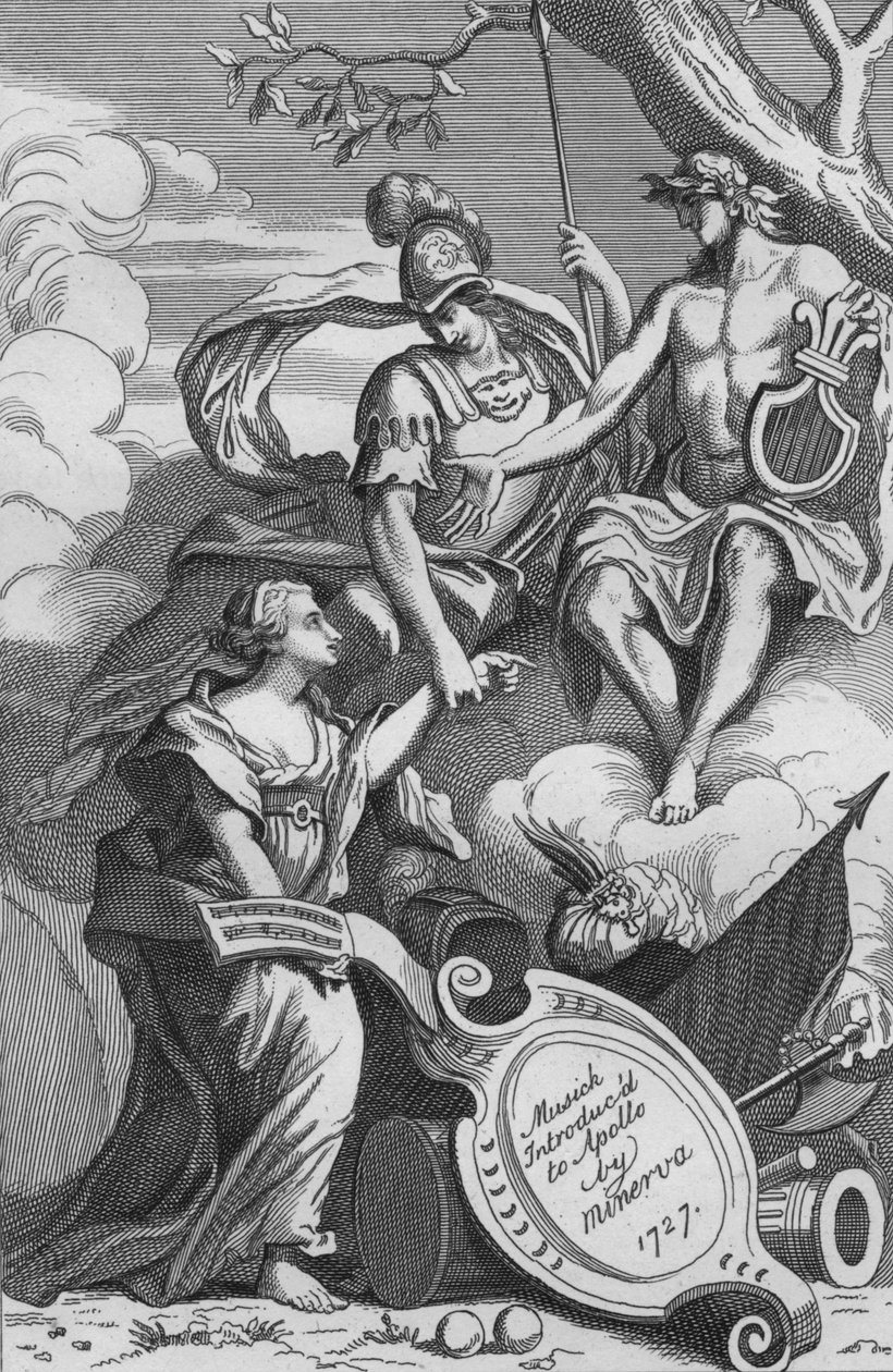 密涅瓦（Minerva）于1727年将音乐曲引入阿波罗（Apollo），1827年。 作者 不明
