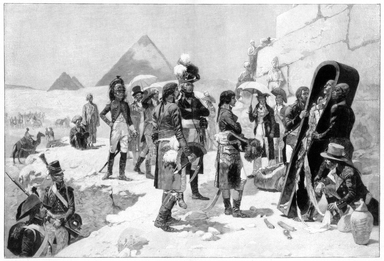 拿破仑·波拿巴（Napoleon Bonaparte）在金字塔上检查木乃伊，摄于1801年1900年 作者 不明