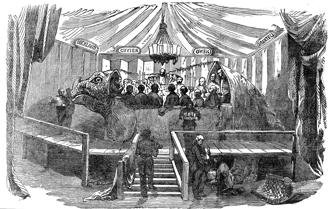 除夕，自然主义者在恐龙模型中用餐，水晶宫，西德纳姆，除夕，1853年 作者 不明