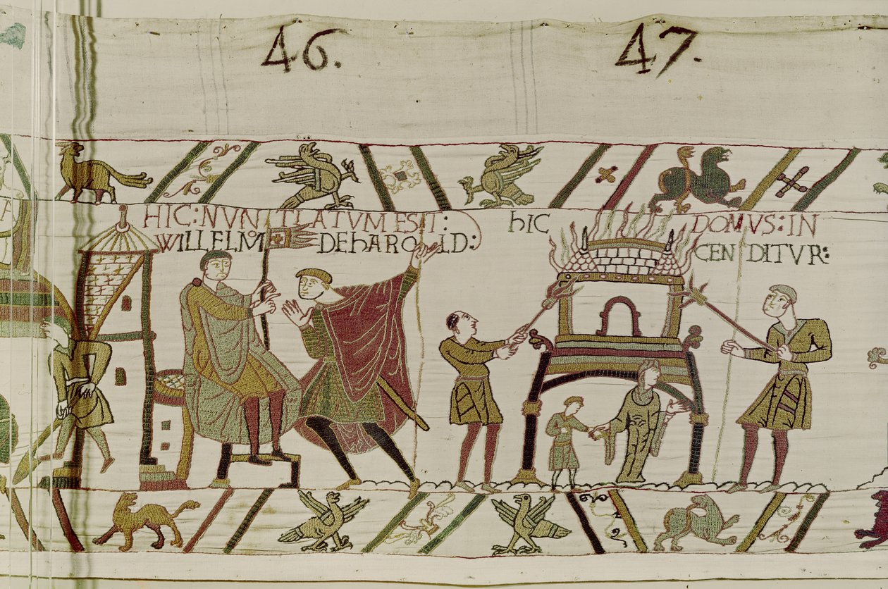 News concerning Harold being brought to William and a house is burnt by the Normans, Bayeux Tapestry (wool embroidery on linen) 作者 不明