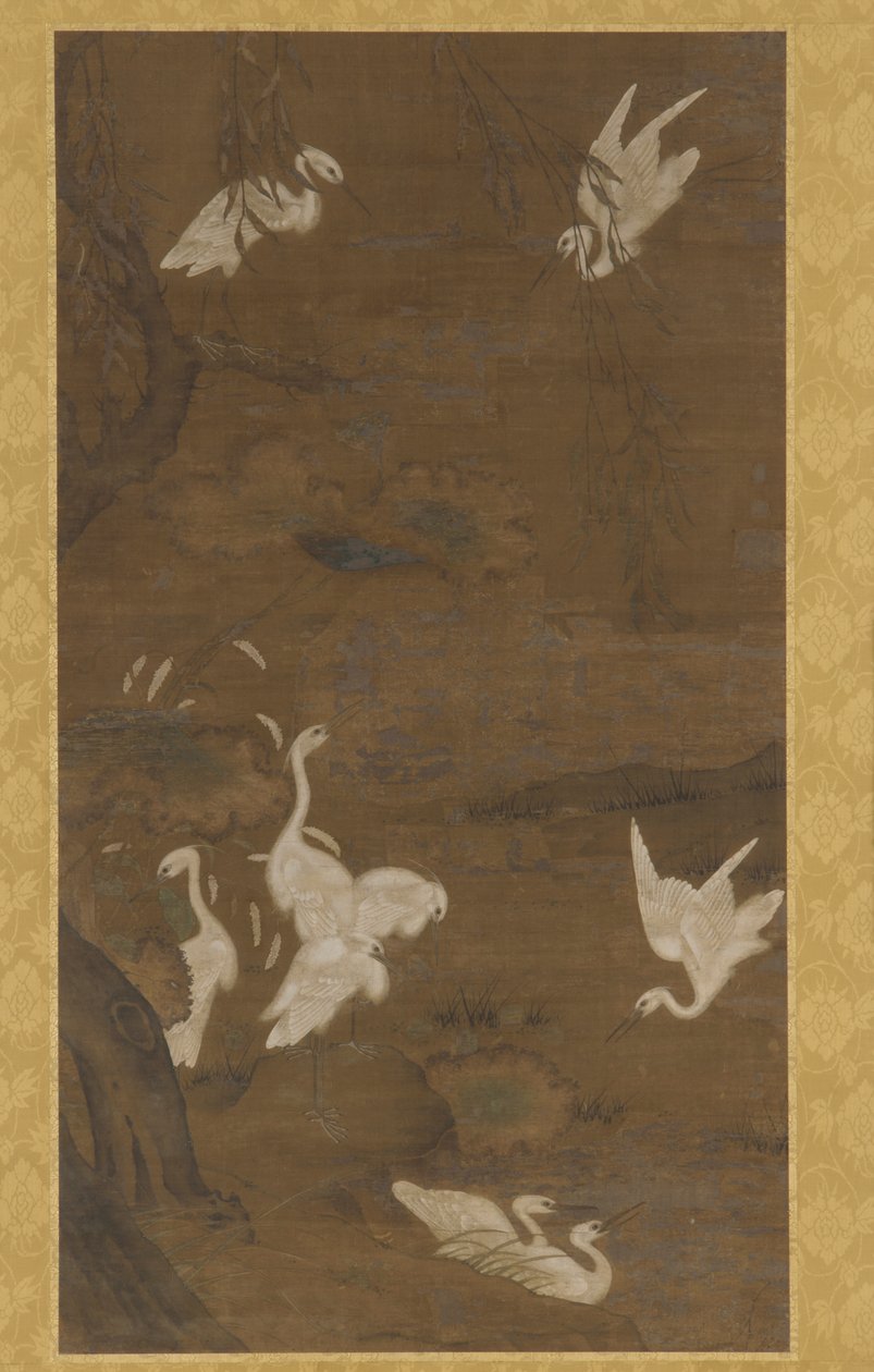 九只白鹭和一棵柳树，明代，15世纪。 作者 不明